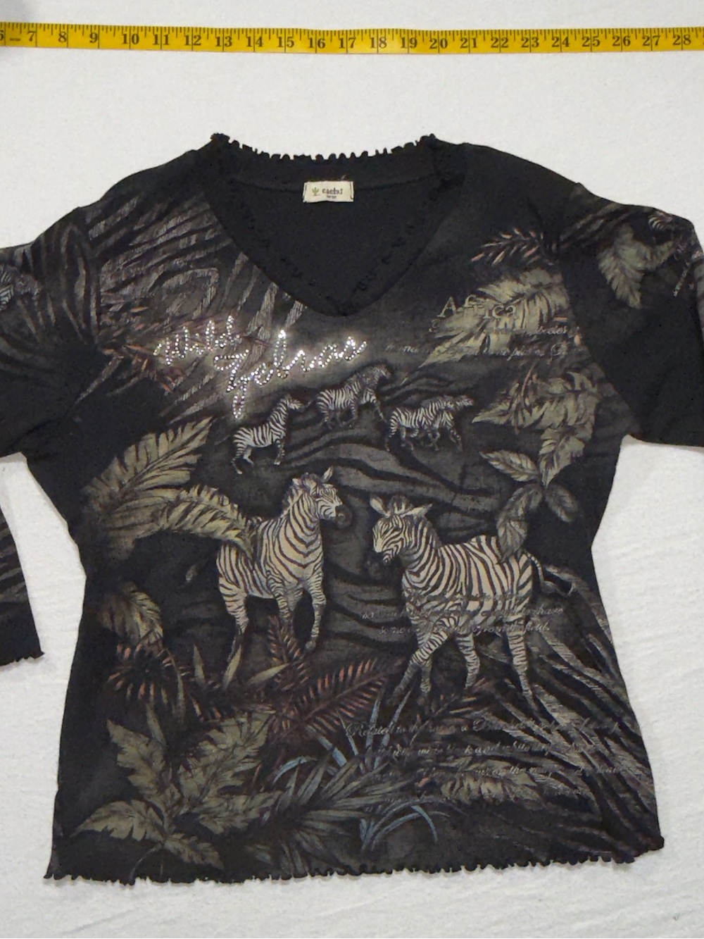 Cactus Black Zebra Print V-Neck Long Sleeve Top with Rhinestones